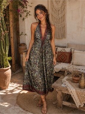 🌿 Bohemian Paisley Halter Maxi Dress | 100% Viscose | Free Size
